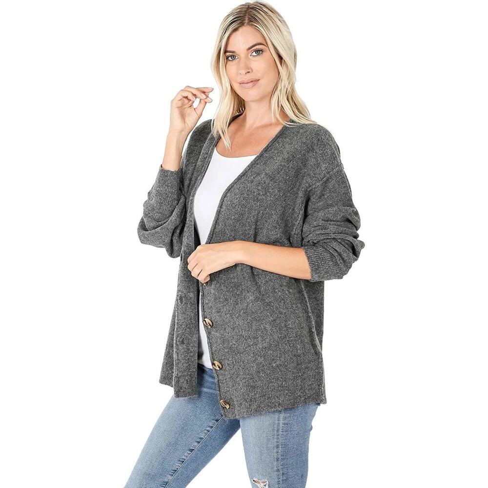 Zenana Melange Button Down Cardigan Oversized Loose Fit, Charcoal Gray Large